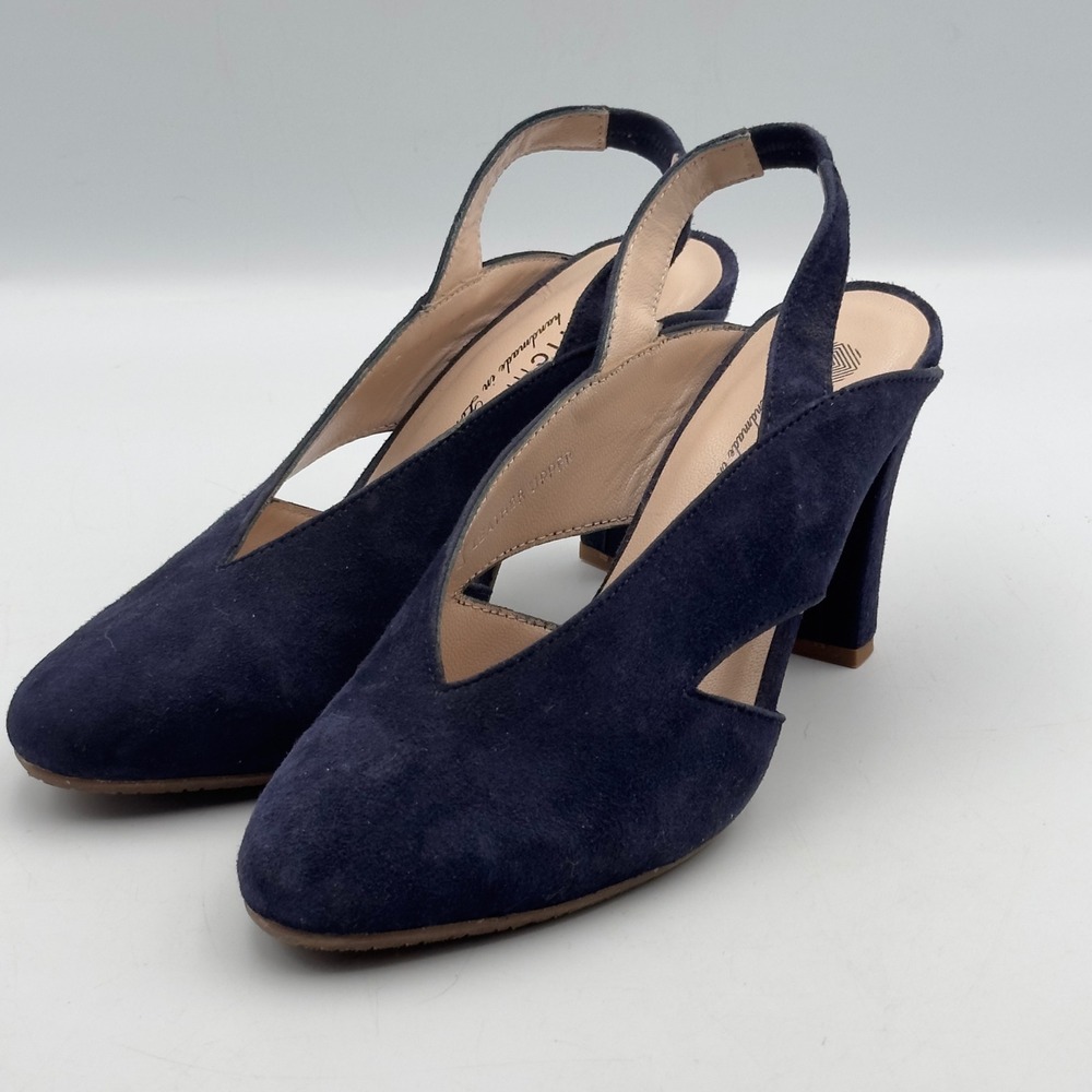 Eric Michael Suede Slingback Heels Navy Blue V-Cut Pump Portugal EU 38 US 7.5-8